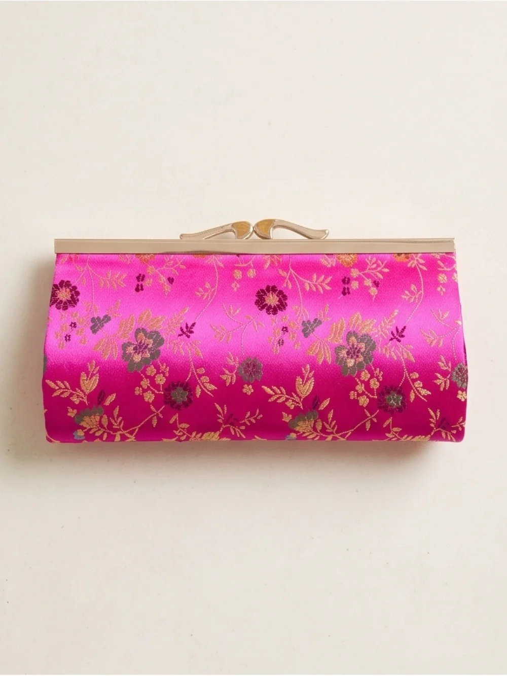 Brocade Floral Evening Clutch in Fuchsia with Gold Hardware